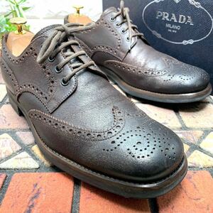 PRADA プラダ　ビジネスシューズ　革靴　レザー　アンティーク加工　靴　シューズ　7 1/2 25.5cm ブラウン　茶　メンズ　即決