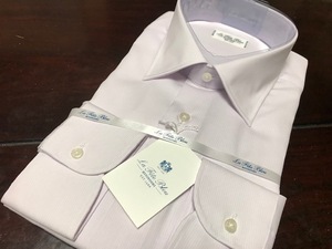 特別価格！La fete bleu by HITOYOSHI 　形態安定　淡い紫地×ホワイトストライプワイシャツ　M(39-82)　セミワイド　百貨店販売品　　