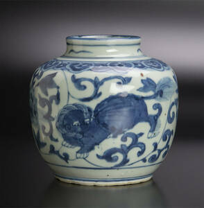 明 青花獅紋瓶 中国 古美術