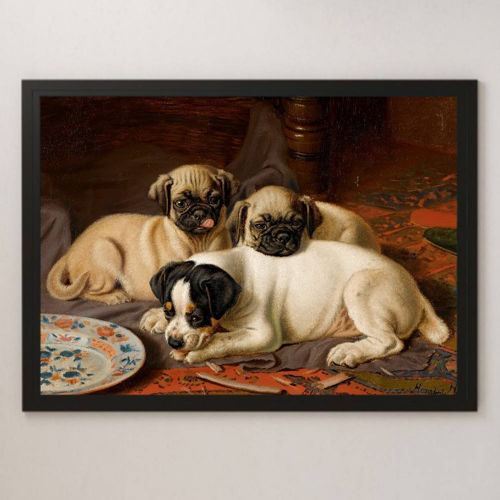 Horatio Kuderly Two Pugs and a Terrier Painting Art Glossy Poster A3 Bar Cafe Classic Interior Pet Puppy Cute, residence, interior, others