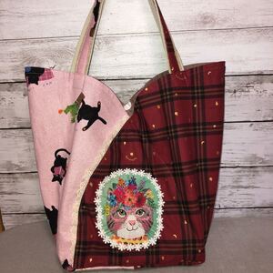 トートバッグ ハンドメイド 花冠猫