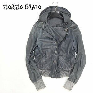 ◆GIORGIO BRATO/ジョルジオ ブラット フード付 羊革 ラムレザー ブルゾン ジャケット チャコールグレー系 38