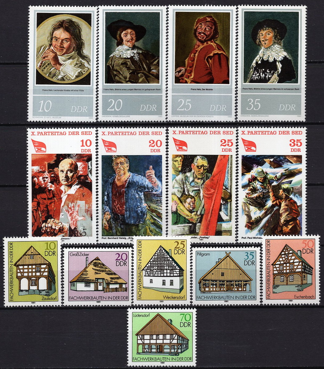 ★1980-81 Alemania Oriental - Pinturas de Frans Hals 4 tipos completos + 10º Congreso del Partido Comunista 4 tipos completos + Casa de madera 6 tipos completados Sin usar (MNH)★ZN-407, antiguo, recopilación, estampilla, tarjeta postal, Europa