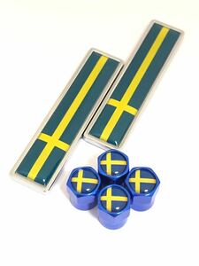 A 青 スウェーデン 国旗 ステッカー フェンダー バルブキャップ エンブレム ボルボ VOLVO 240 30 240 850 S6080 90 940