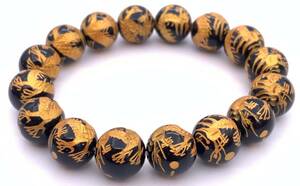  natural stone onyx gold carving blue dragon 12mm sphere. bracele 