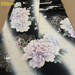 正絹 92204 黒色 花柄 シルク350cm はぎれ ハギレ リメイク ハンドメイド