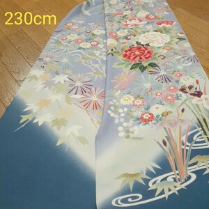 正絹 90502 水色 薄紫色 花柄 シルク230cm はぎれ ハギレ リメイク ハンドメイド