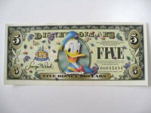 ディズニーダラー　5ドル札　（2005年版） $5 紙幣　ドナルドダック Disney Dollars
