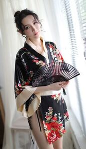 セクシー コスプレ 花魁 和服 着物 ランジェリー 衣装 女性 和風 和装 コスチューム 豪華4点セット(黒赤)