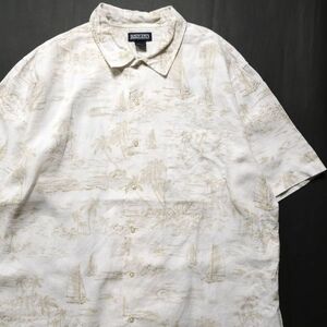 90's ランズエンド 100% リネン アロハシャツ (L) 白×カーキ系 総柄 ボックスシャツ ハワイアン 90年代 旧タグ オールド LANDS'END