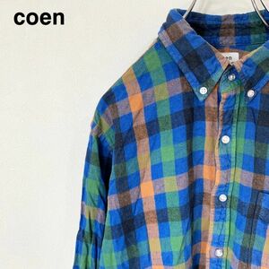[KWT699] coen チェック柄 長袖 ボタンダウンシャツ ORG×BLU×GRN メンズ L コンパ