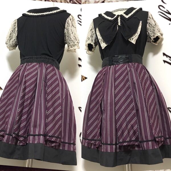 【2点セット】 axes femmeアクシーズファム ★リボン調クラシカルカットソー、レジメンタルストライプ柄スカート
