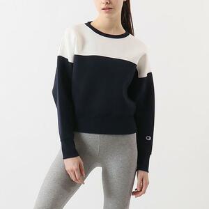 新品 Champion クロップド クルーネック シャツ SPORTS チャンピオン ビッグロゴ レディース ファッション ネイビー 紺 長袖 M 秋夏用