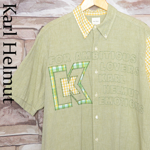 KS4409 Karl hell mKARL HELMUT button down short sleeves shirt L shoulder 49 Crazy pattern embroidery mail xq