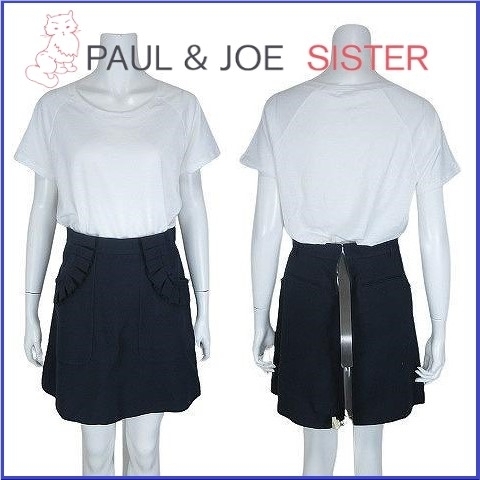 定価約25,000円 ポール&ジョーシスター フリルポケット スカート PAUL & JOE sister バックジップ コットン 36 ダークネイビー系