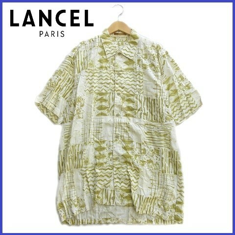 90's ヴィンテージ ランセル LANCEL 総柄 シャツ リネン混 カットソー 柄シャツ 半袖 M からし色系 レトロ ビンテージ メンズ