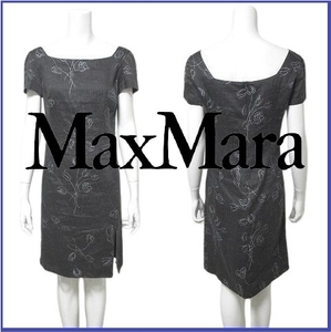マックスマーラ MaxMara 総柄 ドレス ワンピース 最高級 白タグ リネン混 サイドスリット スクエアネック J38 グレー系