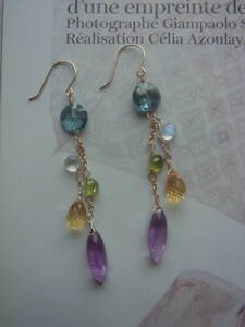 ◆look&walk◆K10マルチカラーストーン☆ピアス ハンドメイド ロング 10金