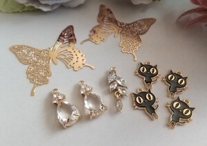 ハンドメイド 大型蝶パーツ★ラインストーンパーツ★リーフチャーム★猫チャーム