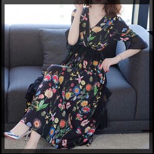 ロングワンピース 秋服 秋服ワンピース 花柄 ブラックドレス パーティドレス マキシワンピース 韓国ファッション 2次会 結婚式