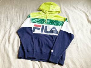 17AW XLARGE エクストラージ × FILA フィラ PULLOVER HOODED SWEAT 異素材 切替 ベロア ロゴ 刺繍 プルオーバー パーカー S 紺 黄 緑 ●9