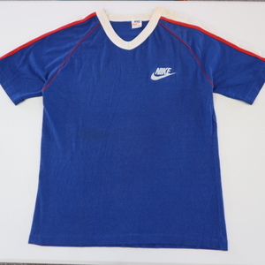 70s USA製 NIKE Vネック Tシャツ M ブルー サイドライン オレンジタグ 半袖 スウォッシュ ロゴ ナイキ オールド ヴィンテージ
