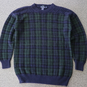 90s NAUTICA Handknit コットン ニット セーター L チェック柄 切替 グリーン ネイビー ハンドニット オールドノーティカ