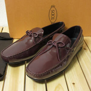  new goods boxed TOD'S Tod's Italy made men's driving shoes gomi-ni Loafer leather shoes pa tent enamel bordeaux UK6 25cm