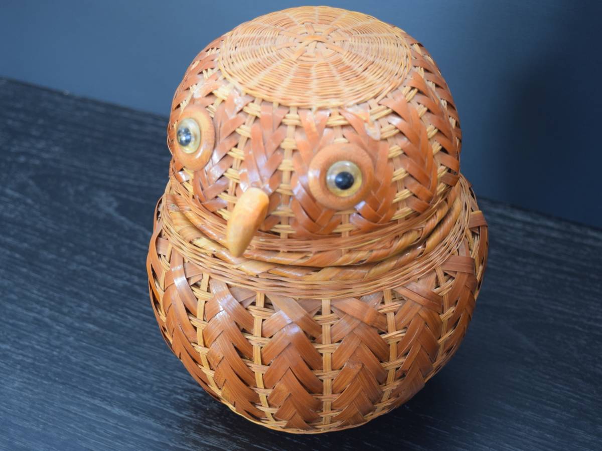 Free Shipping [Handmade Goods Lucky Charm] Wooden Owl Accessory Case Owl Bamboo Woven Handmade with Storage Ornament Bird Happiness Interior Animal Object, handmade works, interior, miscellaneous goods, ornament, object