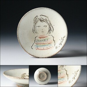 Art hand Auction U07964 KATSUYUKI GIBO 儀保克幸 手描 絵皿 飾皿【小】少女図 彫刻家 /500, 日本の陶磁, 陶磁一般, その他