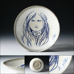 U07974 KATSUYUKI GIBO 儀保克幸 手描 絵皿 飾皿 少女図 彫刻家 /500, 日本の陶磁, 陶磁一般, その他
