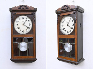 IJ362 昭和レトロ 明治 meiji 木製 ステンドグラス アンティーク 機械式アナログ ゼンマイ式 掛時計 振り子時計 壁掛け時計 オブジェ