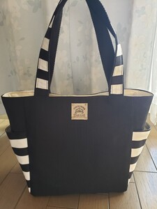 黒帆布◆黒太めストライプ◆サイドポケット付きトートバッグ◆ハンドメイド◆