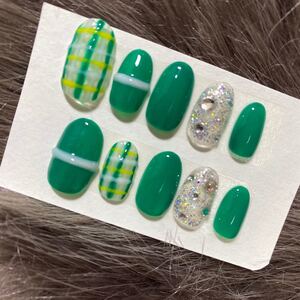 ネイルチップ グリーン イエロー チェック柄 ハンドメイド