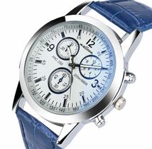 新品最安値 メンズ　ローマ数字　ブルーレイガラス腕時計 レザーアナログクォーツビジネス腕時計_画像2