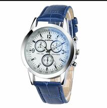 新品最安値 メンズ　ローマ数字　ブルーレイガラス腕時計 レザーアナログクォーツビジネス腕時計_画像4