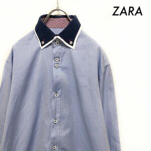 【送料無料】ZARA ザラ★長袖シャツ 襟切替 重ね襟 ブルー ネイビー 青 メンズ