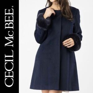 １回着☆CECIL McBEE 袖ファー付きノーカラーコート M 紺 ネイビー セシルマクビー