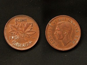 【カナダ】 1セント 1951年 CENT ブロンズ　銅貨　ジョージ6世
