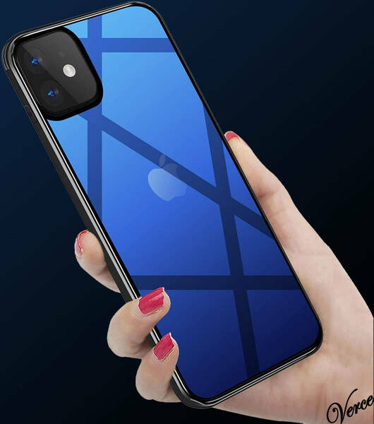 【鮮やかなブルー透明グラデーション】 背面ガラスケース iPhone 12 mini 5.4インチ TPU ストラップホール 耐衝撃 指紋防止 グリップ感
