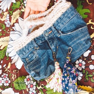 ハンドバッグ リメイクデニム ハンドメイド作品 タッセル2個 3点セット