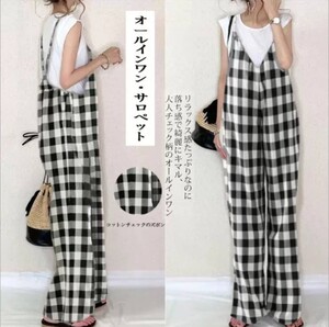 チェック柄 サロペット オールインワン キャミ ワイドパンツ サロペット オシャレ フリーサイズ 体型カバー きれいめ