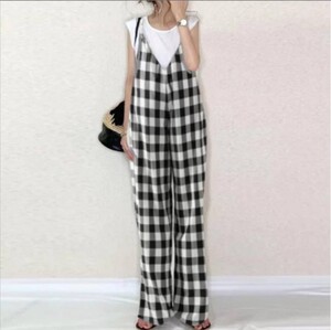チェック柄 サロペット オールインワン キャミ ワイドパンツ サロペット オシャレ フリーサイズ 体型カバー きれいめ