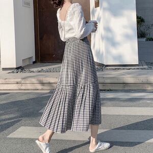 ロングスカート レディース マキシ丈 ギンガムチェック 韓国ファッション ティアードスカート ロングスカート マキシスカート