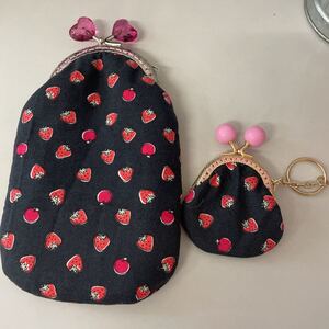 イチゴ柄 がま口メガネポーチ&チビがま口財布 ハンドメイド