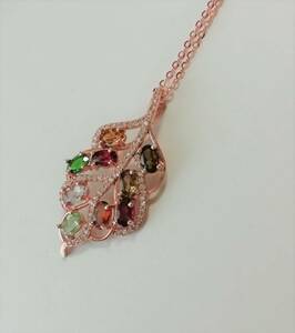  tourmaline pendant multicolor Gold silver necklace silver 925 leaf leaf Power Stone natural 