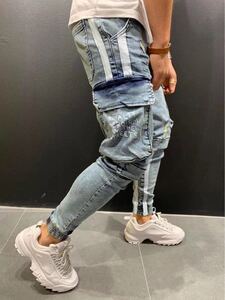デニム テーパードパンツ ボトムス スキニー ジーンズ ラインパンツ ジョガーパンツ ダメージデニム 青 ブルー L パンツ