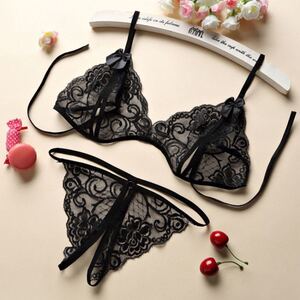 セクシーランジェリー 穴あき 勝負下着 レース誘惑 2点セット ブラック★新品