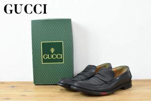 C6139 高級 GUCCI グッチ ローファー シェリーライン ロゴ 革靴 紳士靴 ブラック 黒 7 26センチ メンズ ビジネス 通勤 ドレスシューズ