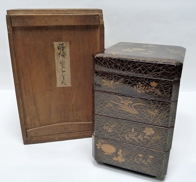 注文割引 重箱 ３段 お重 木製 漆塗り 金蒔絵 骨董品 昭和レトロ 